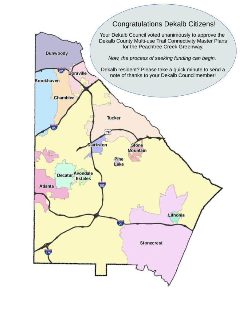 Map of Dekalb county, GA with text congratulating residents on approval of PCGI plan.